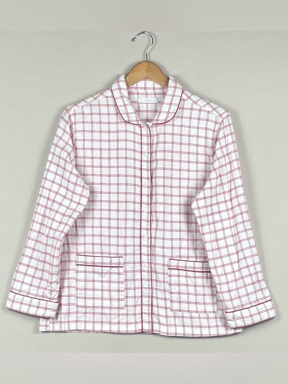 LAKE Pajamas Scarlet Windowpane Flannel Button Front Top Medium 100% Cotton